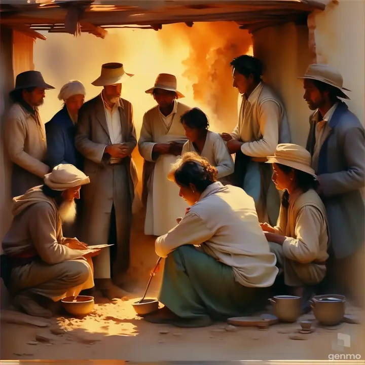 a painting of a group of people in a hut