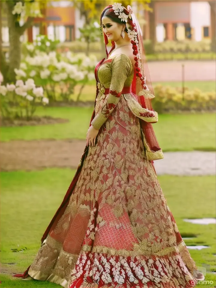 A bride in a red and gold gown surrounded by blooming cherry blossoms under a canopy of trees during sunset