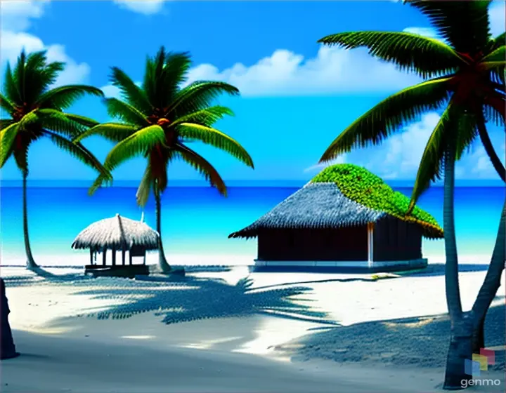 Anime beach scene with palm trees, clear blue water and a small hut on the right far in the distance