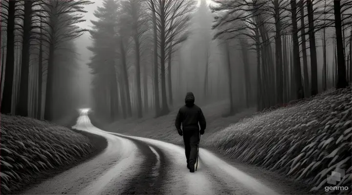 a black and white picture of a forrest. on the forrest road there is a man with a red ski mask