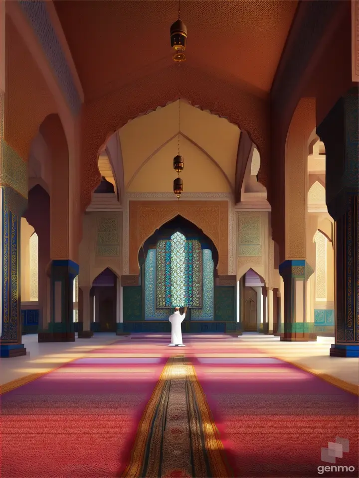 A colorful, intricate mosaic of Muslims praying in a large mosque with Islamic geometric patterns adorning the walls and ceiling