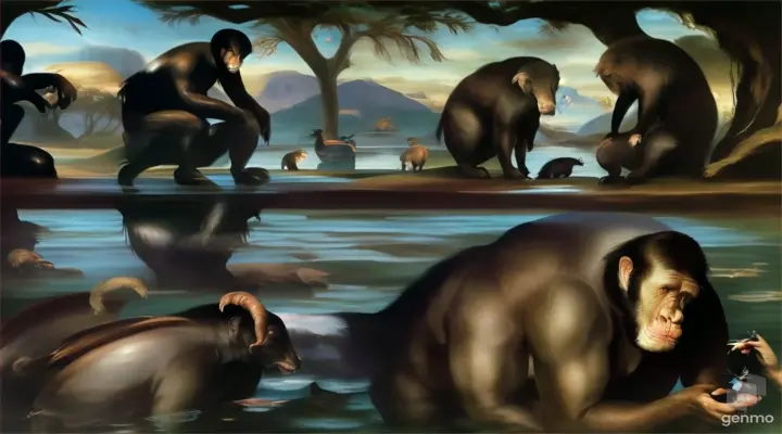 a painting of a man sitting in the water next to a group of animals