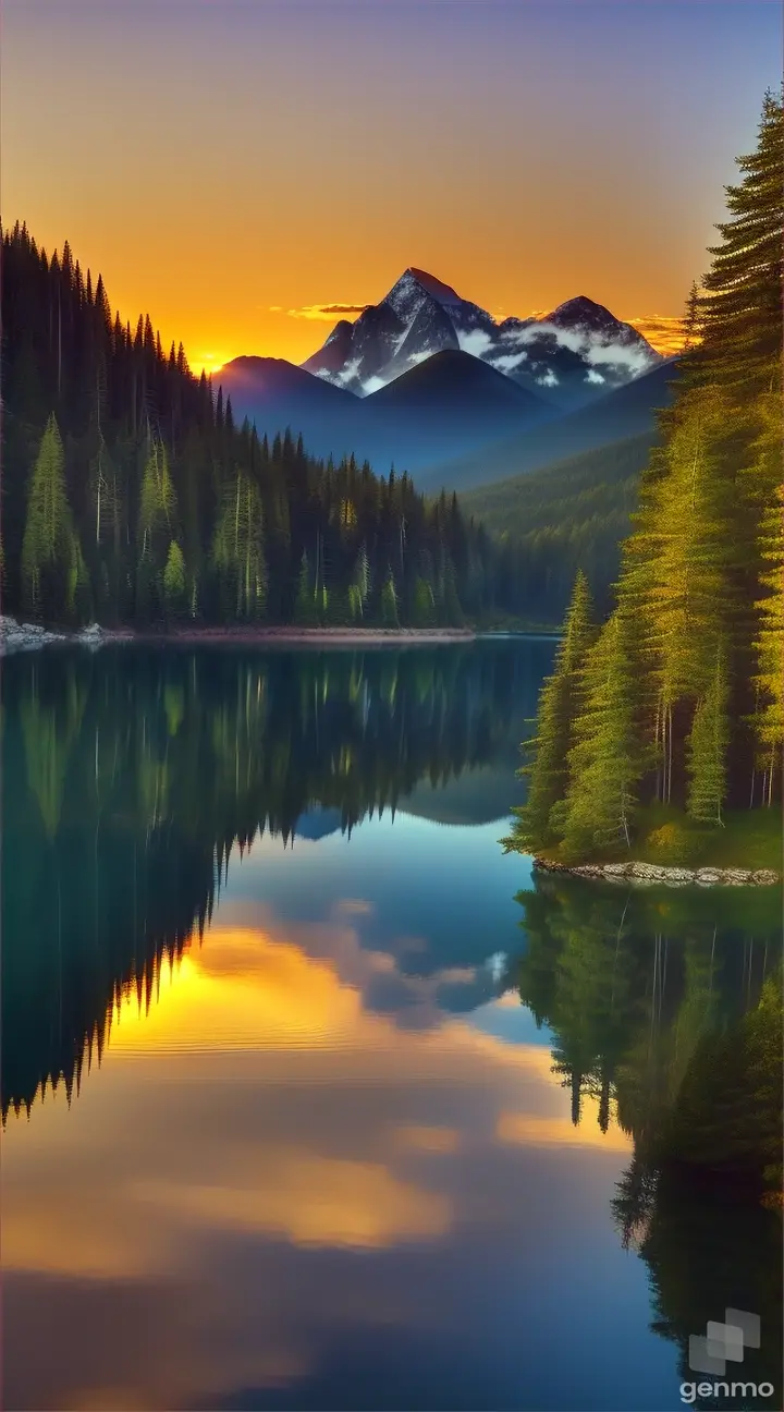 A peaceful place with a calm, reflective mountain lake ringed by trees and hills