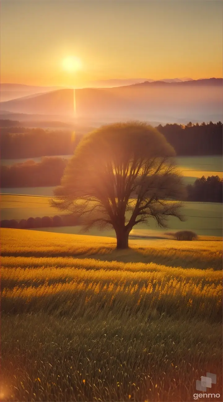A peaceful place with a golden, sun-kissed field and a single tree on the horizon