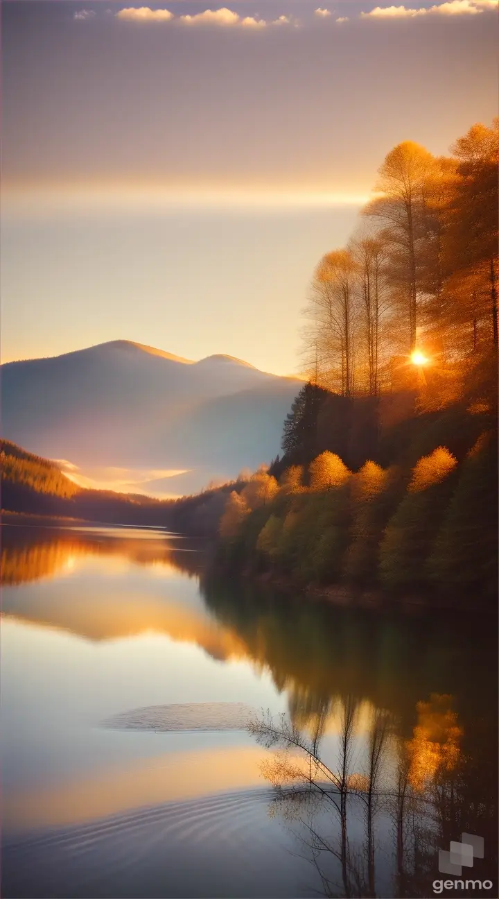 A golden hour view of the serene lake, with sunlit trees and hills forming a natural frame
