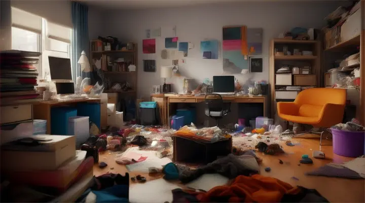 Contrast between a cluttered, chaotic space and an organized, tidy environment, illustrating the transformative power of consistent action.
