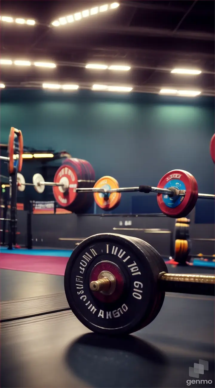 Weightlifting area in a gym, saturated with vibrant, colorful light