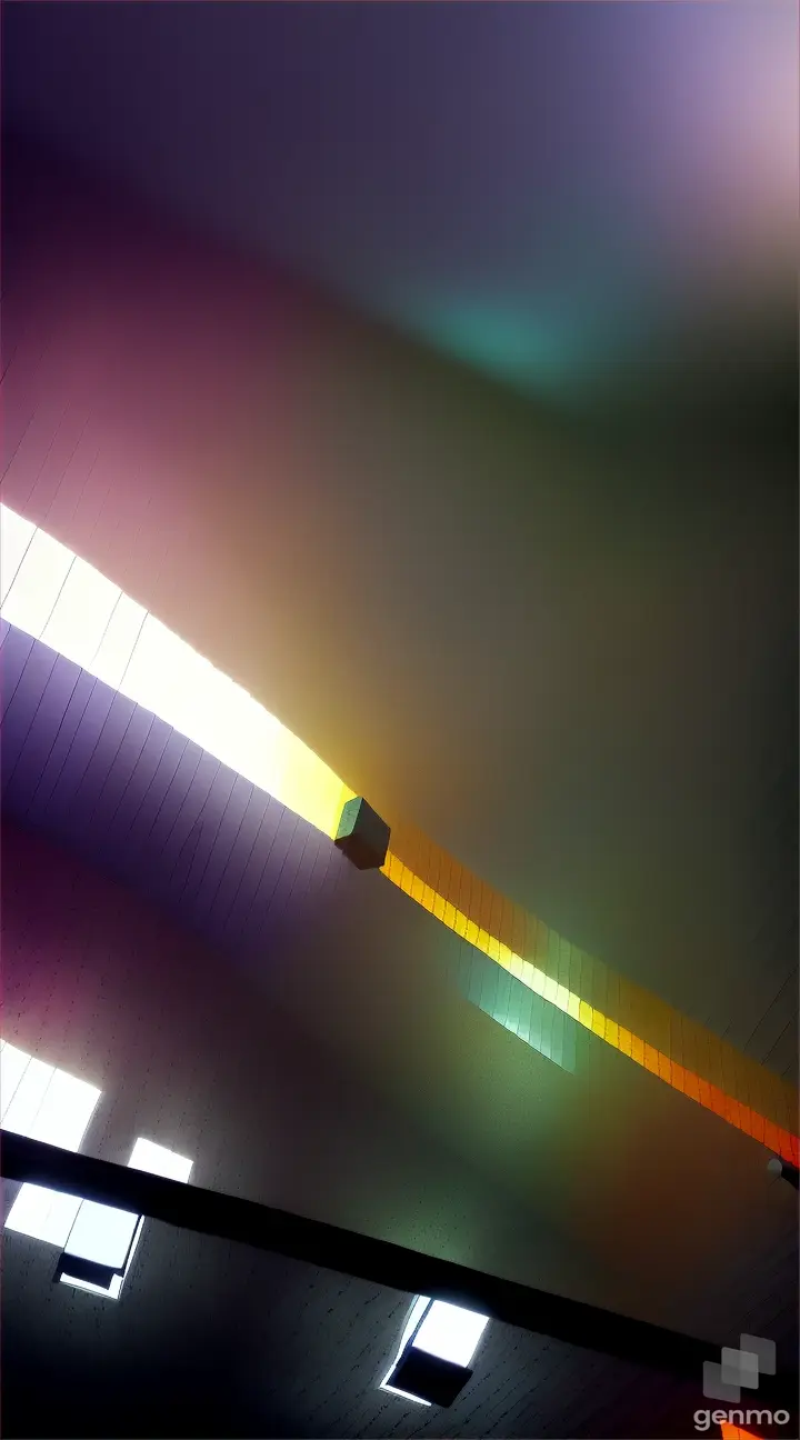 An area filled with weightlifting equipment and suspended hexagonal prisms reflecting a spectrum of vibrant colors from the light overhead
