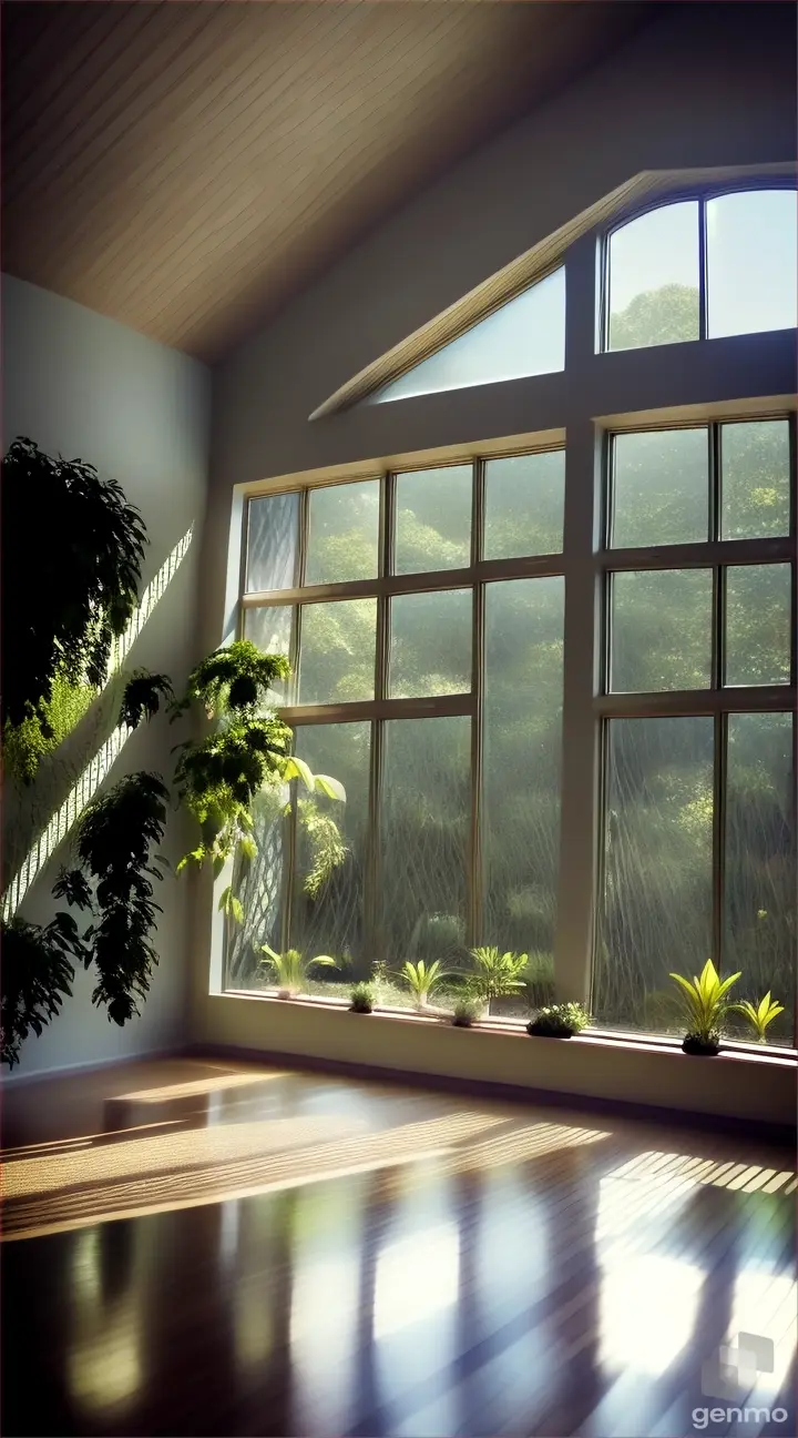 A gym with a botanical garden aesthetic, natural light streaming in through skylights, plants hanging from walls and ceiling