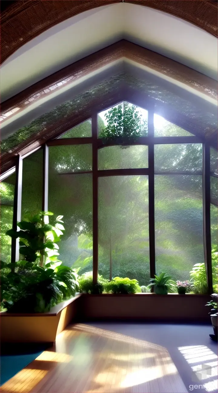 A gym with a botanical garden aesthetic, natural light streaming in through skylights, plants hanging from walls and ceiling