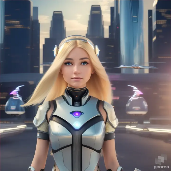 Beautiful face of a European girl, full face. small unusual beautiful electronic magnetic-hightech-diadem on her head. her blonde hair fluttering in the wind and a silky scarf. in the sky fantastic flying personal transport in the form of a flying capsule from the year 3024 are visible. a high-tech cityscape with skyscrapers is visible.