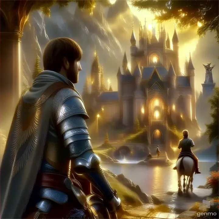 a man riding a horse next to a castle