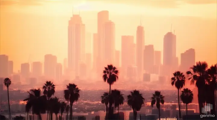 a city skyline with palm trees in the foreground