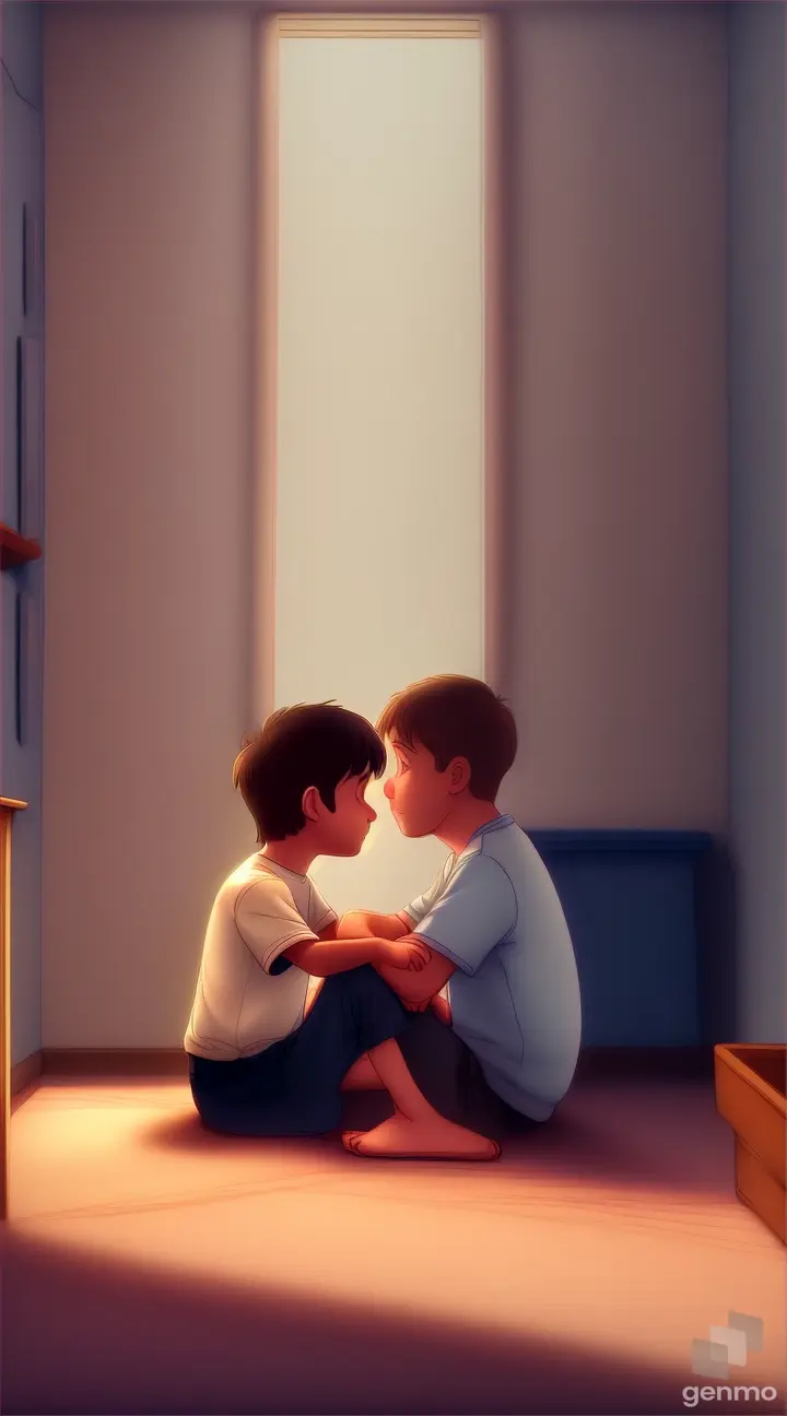 An animated father seeing his sad son who is animated cute little boy sitting in his room