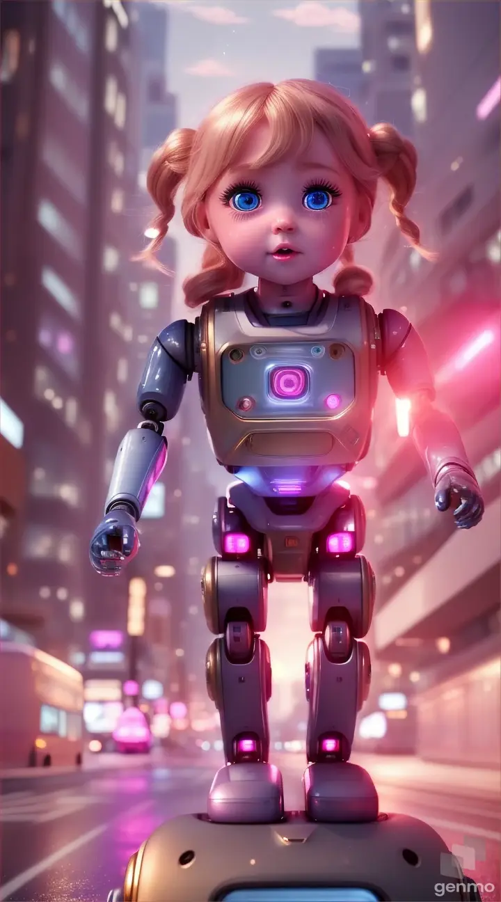 A brave Sci fi baby little doll run dragging a robot man, big blue eyes, roshogolla cheeks, extremely fair, long golden hair, running towards us very afraid, delicate looks, lovable adorable, through streets of red and blue lights USA streets in pink outfit, perfect prominent features with perfect animations, 8K, 9:16 ratio