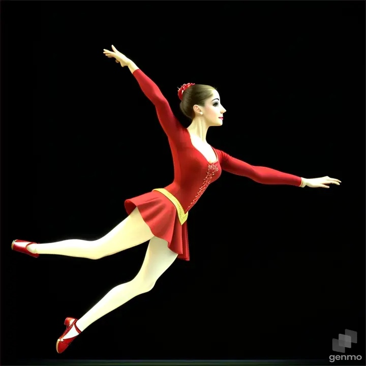 cartoon girl in a red Spanish dress. A ballerina in a Carmen costume dances the Spanish dance of castanets and makes a big jump across the stage. The ballerina has a perfect body, in the image there are only two arms and two legs. Long shot