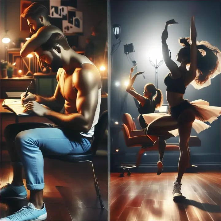 A quick montage of images of the two protagonists, he sitting on a chair writing lyrics and she dancing in the room, both immersed in their art.