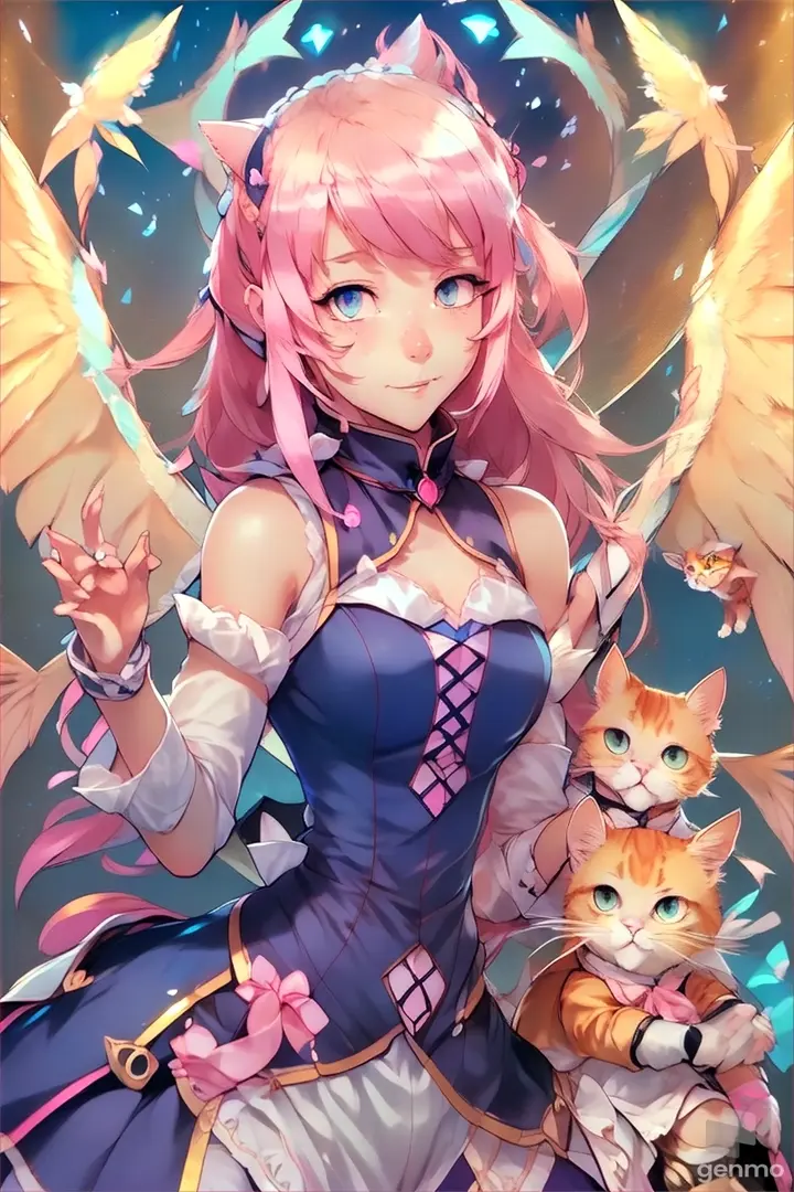 a girl with pink hair holding a cat