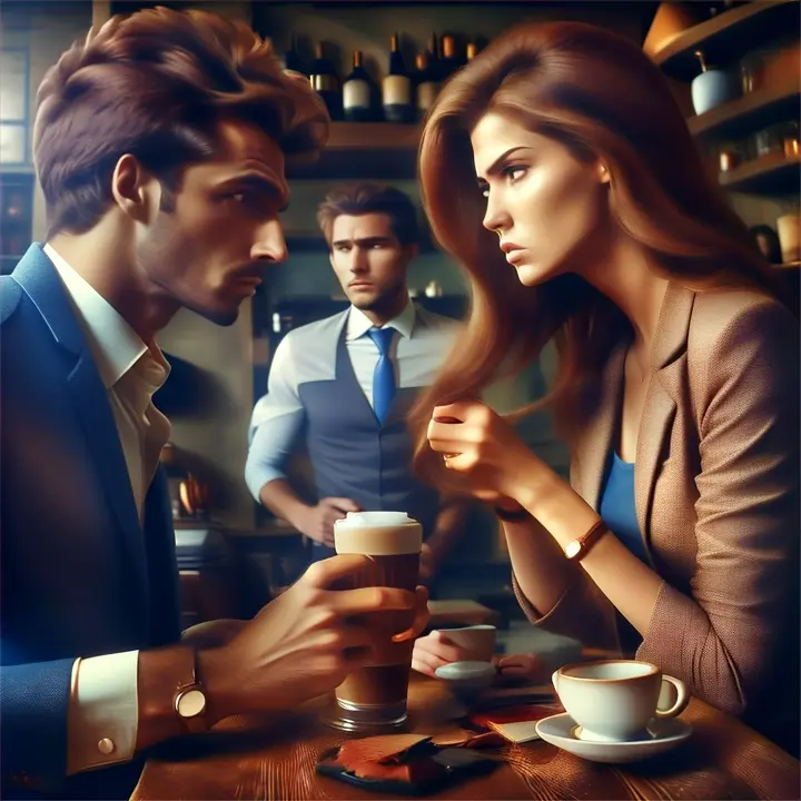 image of a scene in which the protagonists, the man and the woman, face an external obstacle to their relationship, such as a heated argument or a stressful situation.