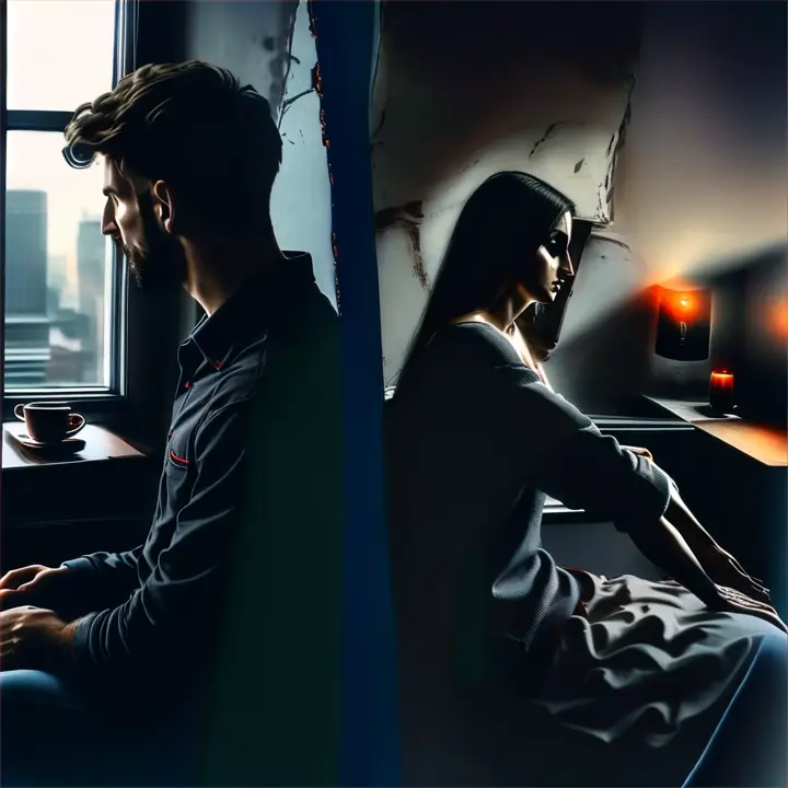 image of separate moments of the man and woman as they reflect on their relationship in solitude, perhaps looking out the window or sitting alone in a dark room.