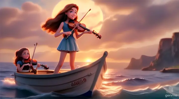 A young and beautiful girl with long hair, the girl is smiling, the girl is standing on a boat on the sea playing the violin, surrounded by the endless ocean