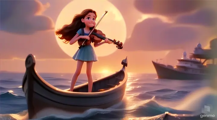 A young and beautiful girl with long hair, the girl is smiling, the girl is standing on a boat on the sea playing the violin, surrounded by the endless ocean