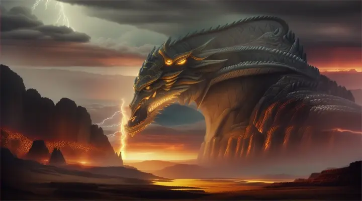 Illuyanka
Create a dramatic and mythical image depicting Illuyanka, the legendary serpent from Hittite mythology. The scene is set during the climactic battle with the storm god Tarhunt. Illuyanka, a colossal dragon, coils powerfully around a rugged mountainous landscape, its scales glistening under the stormy sky. Its fearsome eyes glower menacingly at Tarhunt, who is depicted in the foreground wielding a lightning bolt. The atmosphere is tense and charged with impending doom, highlighted by dark, swirling clouds and intermittent flashes of lightning. The landscape is rugged, with jagged rocks and sparse, wind-blown trees, enhancing the scene's dramatic effect.