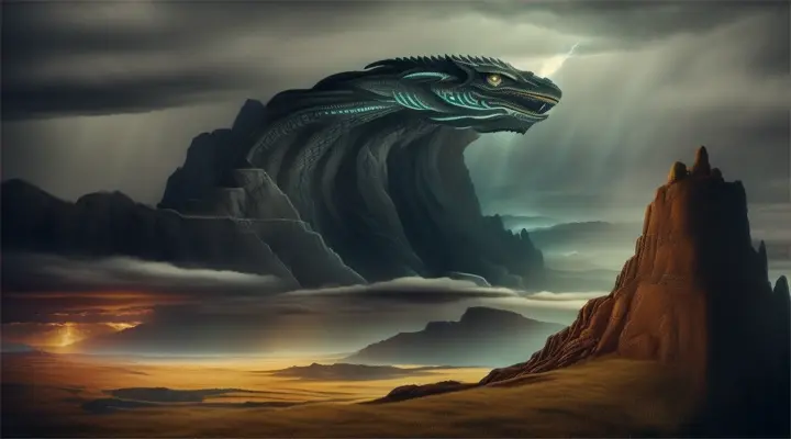 Illuyanka
Create a dramatic and mythical image depicting Illuyanka, the legendary serpent from Hittite mythology. The scene is set during the climactic battle with the storm god Tarhunt. Illuyanka, a colossal dragon, coils powerfully around a rugged mountainous landscape, its scales glistening under the stormy sky. Its fearsome eyes glower menacingly at Tarhunt, who is depicted in the foreground wielding a lightning bolt. The atmosphere is tense and charged with impending doom, highlighted by dark, swirling clouds and intermittent flashes of lightning. The landscape is rugged, with jagged rocks and sparse, wind-blown trees, enhancing the scene's dramatic effect.