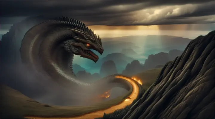 Illuyanka
Create a dramatic and mythical image depicting Illuyanka, the legendary serpent from Hittite mythology. The scene is set during the climactic battle with the storm god Tarhunt. Illuyanka, a colossal dragon, coils powerfully around a rugged mountainous landscape, its scales glistening under the stormy sky. Its fearsome eyes glower menacingly at Tarhunt, who is depicted in the foreground wielding a lightning bolt. The atmosphere is tense and charged with impending doom, highlighted by dark, swirling clouds and intermittent flashes of lightning. The landscape is rugged, with jagged rocks and sparse, wind-blown trees, enhancing the scene's dramatic effect.