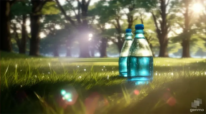 Plastic water bottles in grass with sunlight filtering through trees 16:9