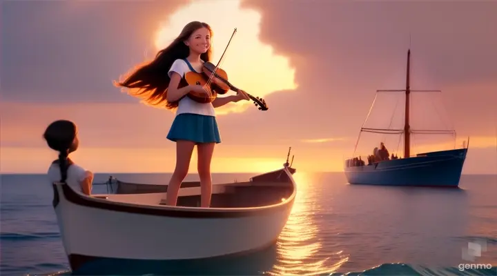 A young and beautiful girl with long hair, the girl is smiling, the girl is standing on a boat on the sea playing the violin, surrounded by the endless ocean