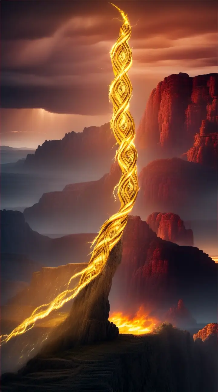 Illuyanka
Create a dramatic and mythical image depicting Illuyanka, the legendary serpent from Hittite mythology. The scene is set during the climactic battle with the storm god Tarhunt. Illuyanka, a colossal dragon, coils powerfully around a rugged mountainous landscape, its scales glistening under the stormy sky. Its fearsome eyes glower menacingly at Tarhunt, who is depicted in the foreground wielding a lightning bolt. The atmosphere is tense and charged with impending doom, highlighted by dark, swirling clouds and intermittent flashes of lightning. The landscape is rugged, with jagged rocks and sparse, wind-blown trees, enhancing the scene's dramatic effect.