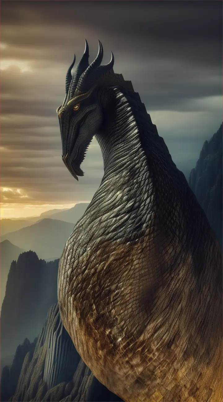 Illuyanka
Create a dramatic and mythical image depicting Illuyanka, the legendary serpent from Hittite mythology. The scene is set during the climactic battle with the storm god Tarhunt. Illuyanka, a colossal dragon, coils powerfully around a rugged mountainous landscape, its scales glistening under the stormy sky. Its fearsome eyes glower menacingly at Tarhunt, who is depicted in the foreground wielding a lightning bolt. The atmosphere is tense and charged with impending doom, highlighted by dark, swirling clouds and intermittent flashes of lightning. The landscape is rugged, with jagged rocks and sparse, wind-blown trees, enhancing the scene's dramatic effect.