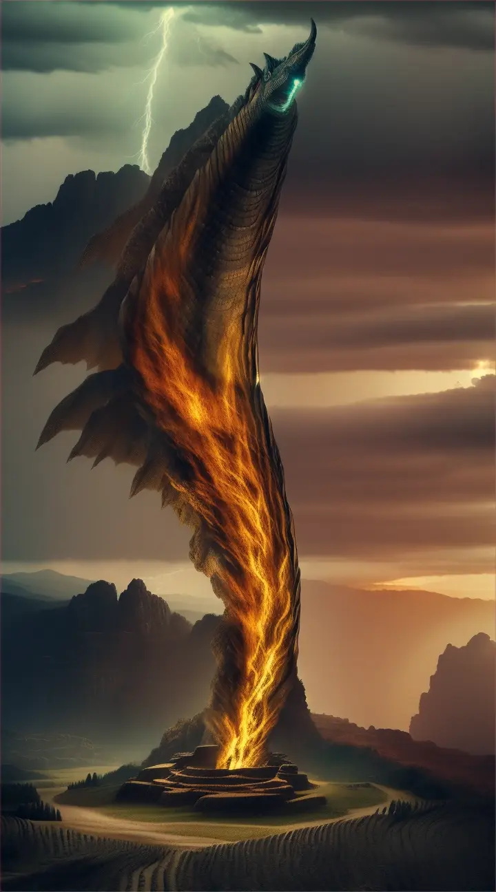 Illuyanka
Create a dramatic and mythical image depicting Illuyanka, the legendary serpent from Hittite mythology. The scene is set during the climactic battle with the storm god Tarhunt. Illuyanka, a colossal dragon, coils powerfully around a rugged mountainous landscape, its scales glistening under the stormy sky. Its fearsome eyes glower menacingly at Tarhunt, who is depicted in the foreground wielding a lightning bolt. The atmosphere is tense and charged with impending doom, highlighted by dark, swirling clouds and intermittent flashes of lightning. The landscape is rugged, with jagged rocks and sparse, wind-blown trees, enhancing the scene's dramatic effect.