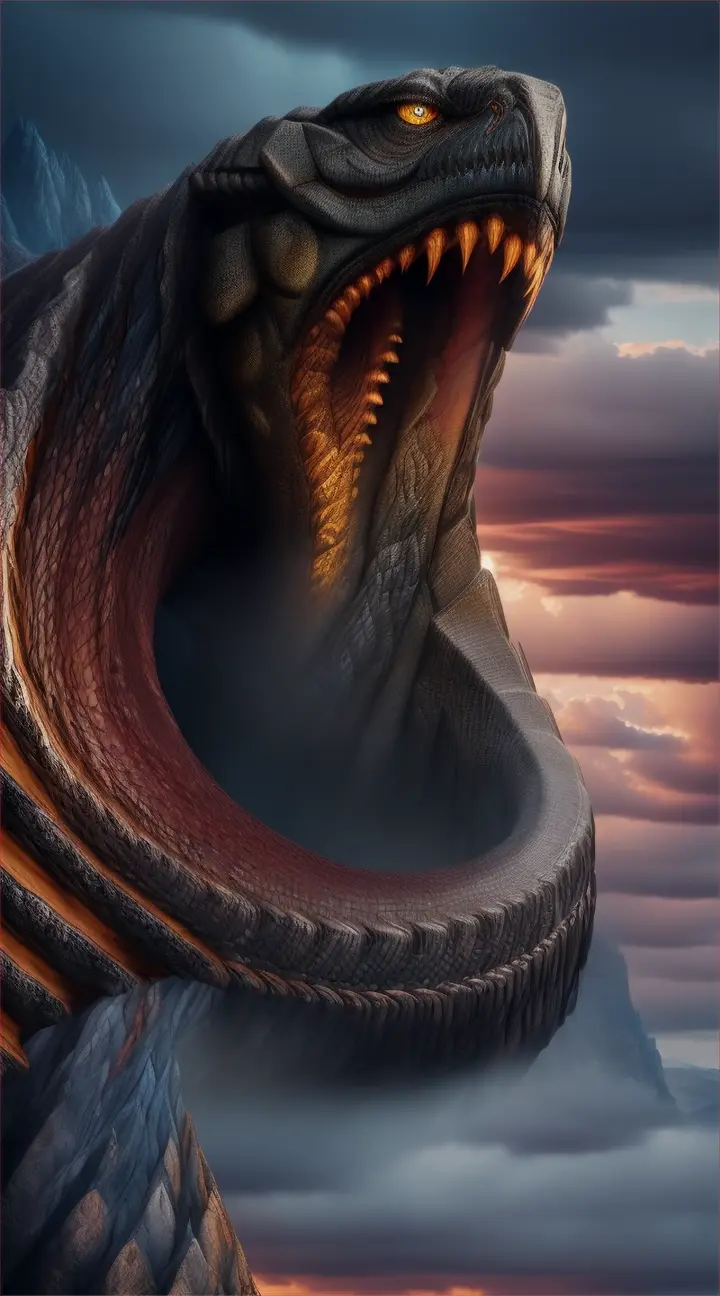 Illuyanka
Create a dramatic and mythical image depicting Illuyanka, the legendary serpent from Hittite mythology. The scene is set during the climactic battle with the storm god Tarhunt. Illuyanka, a colossal dragon, coils powerfully around a rugged mountainous landscape, its scales glistening under the stormy sky. Its fearsome eyes glower menacingly at Tarhunt, who is depicted in the foreground wielding a lightning bolt. The atmosphere is tense and charged with impending doom, highlighted by dark, swirling clouds and intermittent flashes of lightning. The landscape is rugged, with jagged rocks and sparse, wind-blown trees, enhancing the scene's dramatic effect.