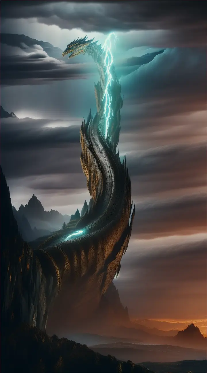 Illuyanka
Create a dramatic and mythical image depicting Illuyanka, the legendary serpent from Hittite mythology. The scene is set during the climactic battle with the storm god Tarhunt. Illuyanka, a colossal dragon, coils powerfully around a rugged mountainous landscape, its scales glistening under the stormy sky. Its fearsome eyes glower menacingly at Tarhunt, who is depicted in the foreground wielding a lightning bolt. The atmosphere is tense and charged with impending doom, highlighted by dark, swirling clouds and intermittent flashes of lightning. The landscape is rugged, with jagged rocks and sparse, wind-blown trees, enhancing the scene's dramatic effect.