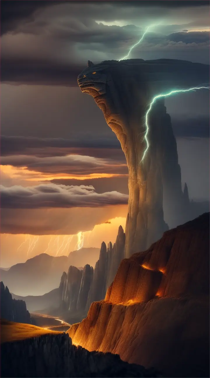 Illuyanka
Create a dramatic and mythical image depicting Illuyanka, the legendary serpent from Hittite mythology. The scene is set during the climactic battle with the storm god Tarhunt. Illuyanka, a colossal dragon, coils powerfully around a rugged mountainous landscape, its scales glistening under the stormy sky. Its fearsome eyes glower menacingly at Tarhunt, who is depicted in the foreground wielding a lightning bolt. The atmosphere is tense and charged with impending doom, highlighted by dark, swirling clouds and intermittent flashes of lightning. The landscape is rugged, with jagged rocks and sparse, wind-blown trees, enhancing the scene's dramatic effect.