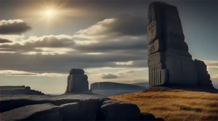 Ullikummi
Visualize Ullikummi, the immense stone giant from Hittite mythology, as he towers over a mythic landscape, blocking the sun. The giant is made entirely of black volcanic rock, with sharp, jagged textures and a powerful, imposing stature that reaches up to the heavens. Below him, various gods from the Hittite pantheon look up in horror and awe. The sky behind Ullikummi is darkened by his massive form, with rays of light trying to edge around him, creating a halo effect. The setting includes ancient Hittite symbols and stone structures, possibly ruins, that emphasize the mythological time period and the catastrophic impact of Ullikummi's appearance.