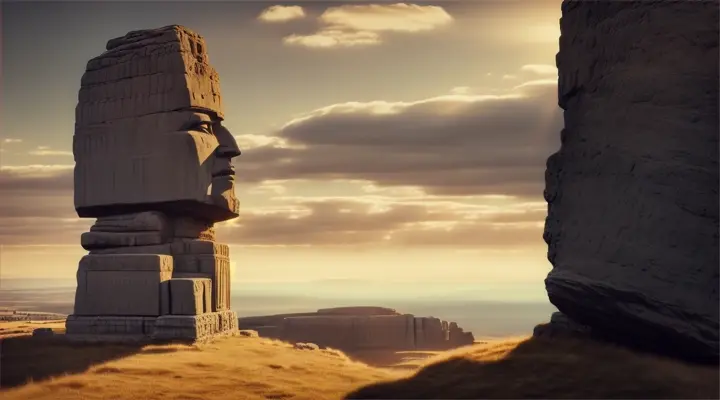 Ullikummi
Visualize Ullikummi, the immense stone giant from Hittite mythology, as he towers over a mythic landscape, blocking the sun. The giant is made entirely of black volcanic rock, with sharp, jagged textures and a powerful, imposing stature that reaches up to the heavens. Below him, various gods from the Hittite pantheon look up in horror and awe. The sky behind Ullikummi is darkened by his massive form, with rays of light trying to edge around him, creating a halo effect. The setting includes ancient Hittite symbols and stone structures, possibly ruins, that emphasize the mythological time period and the catastrophic impact of Ullikummi's appearance.