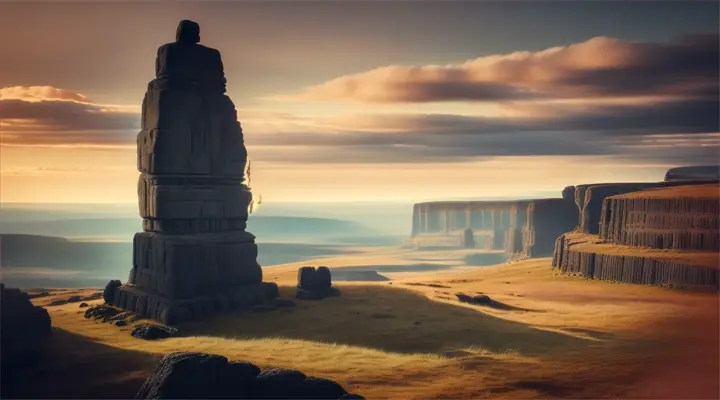 Ullikummi
Visualize Ullikummi, the immense stone giant from Hittite mythology, as he towers over a mythic landscape, blocking the sun. The giant is made entirely of black volcanic rock, with sharp, jagged textures and a powerful, imposing stature that reaches up to the heavens. Below him, various gods from the Hittite pantheon look up in horror and awe. The sky behind Ullikummi is darkened by his massive form, with rays of light trying to edge around him, creating a halo effect. The setting includes ancient Hittite symbols and stone structures, possibly ruins, that emphasize the mythological time period and the catastrophic impact of Ullikummi's appearance.
