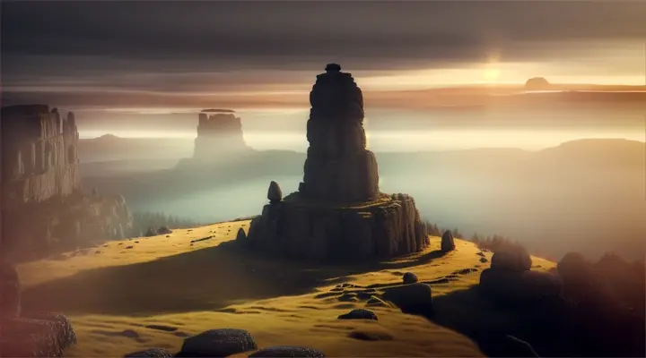 Ullikummi
Visualize Ullikummi, the immense stone giant from Hittite mythology, as he towers over a mythic landscape, blocking the sun. The giant is made entirely of black volcanic rock, with sharp, jagged textures and a powerful, imposing stature that reaches up to the heavens. Below him, various gods from the Hittite pantheon look up in horror and awe. The sky behind Ullikummi is darkened by his massive form, with rays of light trying to edge around him, creating a halo effect. The setting includes ancient Hittite symbols and stone structures, possibly ruins, that emphasize the mythological time period and the catastrophic impact of Ullikummi's appearance.