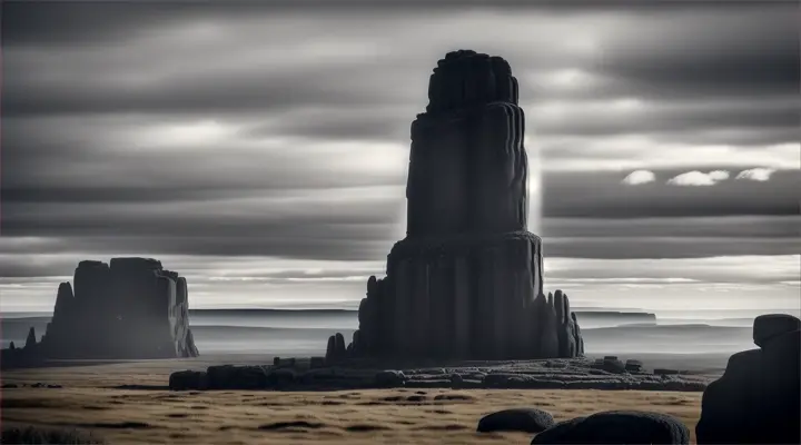 Ullikummi
Visualize Ullikummi, the immense stone giant from Hittite mythology, as he towers over a mythic landscape, blocking the sun. The giant is made entirely of black volcanic rock, with sharp, jagged textures and a powerful, imposing stature that reaches up to the heavens. Below him, various gods from the Hittite pantheon look up in horror and awe. The sky behind Ullikummi is darkened by his massive form, with rays of light trying to edge around him, creating a halo effect. The setting includes ancient Hittite symbols and stone structures, possibly ruins, that emphasize the mythological time period and the catastrophic impact of Ullikummi's appearance.