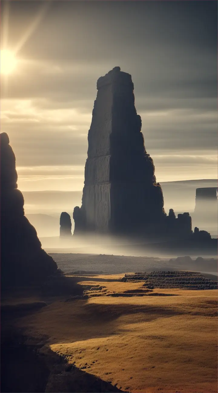 Ullikummi
Visualize Ullikummi, the immense stone giant from Hittite mythology, as he towers over a mythic landscape, blocking the sun. The giant is made entirely of black volcanic rock, with sharp, jagged textures and a powerful, imposing stature that reaches up to the heavens. Below him, various gods from the Hittite pantheon look up in horror and awe. The sky behind Ullikummi is darkened by his massive form, with rays of light trying to edge around him, creating a halo effect. The setting includes ancient Hittite symbols and stone structures, possibly ruins, that emphasize the mythological time period and the catastrophic impact of Ullikummi's appearance.