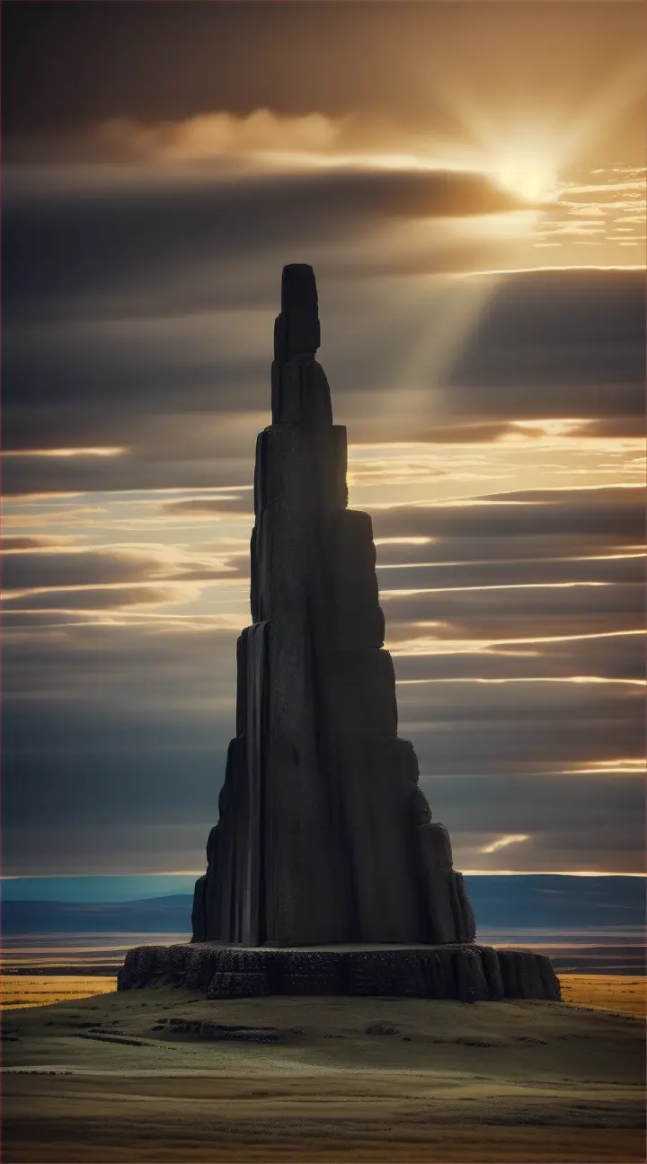 Ullikummi
Visualize Ullikummi, the immense stone giant from Hittite mythology, as he towers over a mythic landscape, blocking the sun. The giant is made entirely of black volcanic rock, with sharp, jagged textures and a powerful, imposing stature that reaches up to the heavens. Below him, various gods from the Hittite pantheon look up in horror and awe. The sky behind Ullikummi is darkened by his massive form, with rays of light trying to edge around him, creating a halo effect. The setting includes ancient Hittite symbols and stone structures, possibly ruins, that emphasize the mythological time period and the catastrophic impact of Ullikummi's appearance.