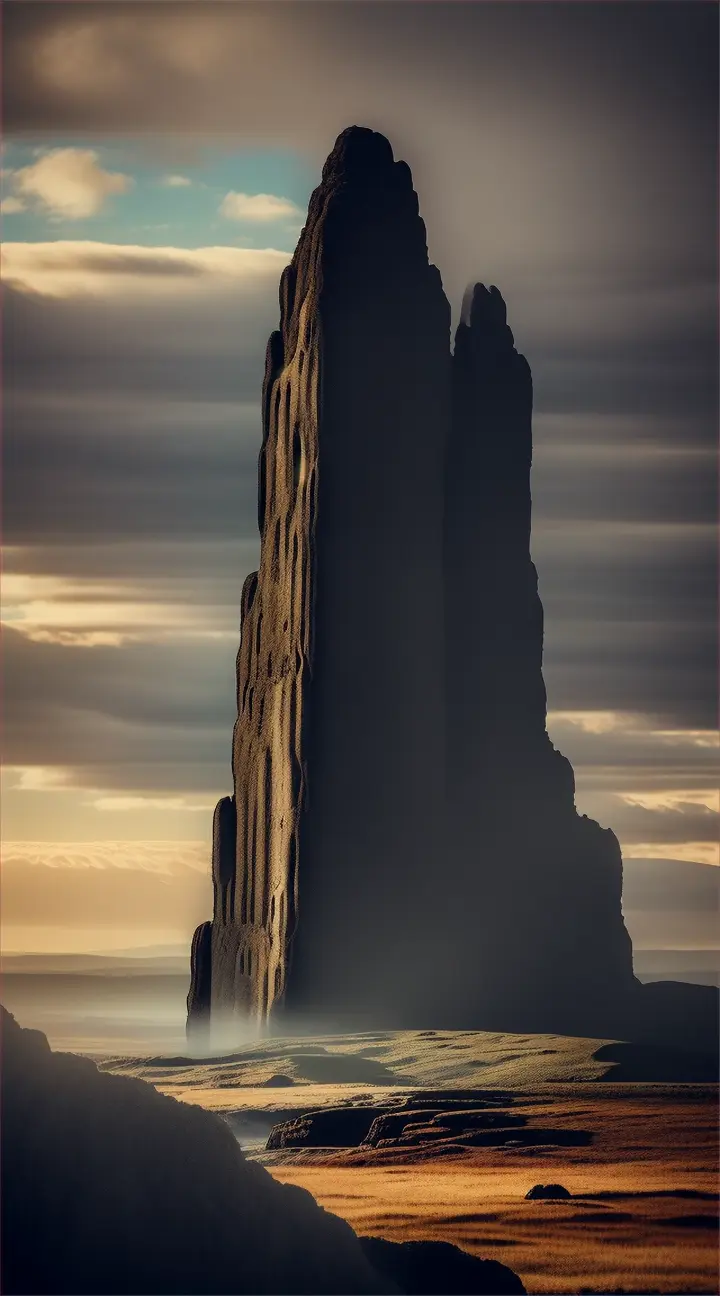 Ullikummi
Visualize Ullikummi, the immense stone giant from Hittite mythology, as he towers over a mythic landscape, blocking the sun. The giant is made entirely of black volcanic rock, with sharp, jagged textures and a powerful, imposing stature that reaches up to the heavens. Below him, various gods from the Hittite pantheon look up in horror and awe. The sky behind Ullikummi is darkened by his massive form, with rays of light trying to edge around him, creating a halo effect. The setting includes ancient Hittite symbols and stone structures, possibly ruins, that emphasize the mythological time period and the catastrophic impact of Ullikummi's appearance.