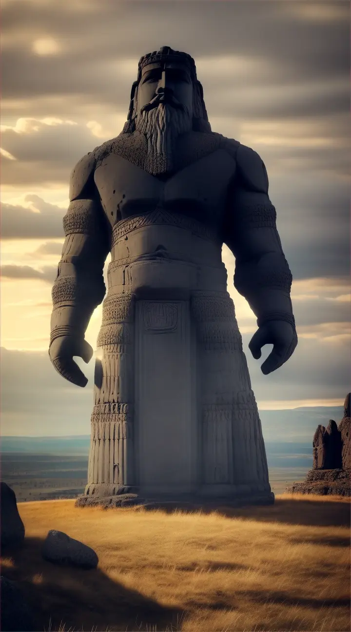 Ullikummi
Visualize Ullikummi, the immense stone giant from Hittite mythology, as he towers over a mythic landscape, blocking the sun. The giant is made entirely of black volcanic rock, with sharp, jagged textures and a powerful, imposing stature that reaches up to the heavens. Below him, various gods from the Hittite pantheon look up in horror and awe. The sky behind Ullikummi is darkened by his massive form, with rays of light trying to edge around him, creating a halo effect. The setting includes ancient Hittite symbols and stone structures, possibly ruins, that emphasize the mythological time period and the catastrophic impact of Ullikummi's appearance.