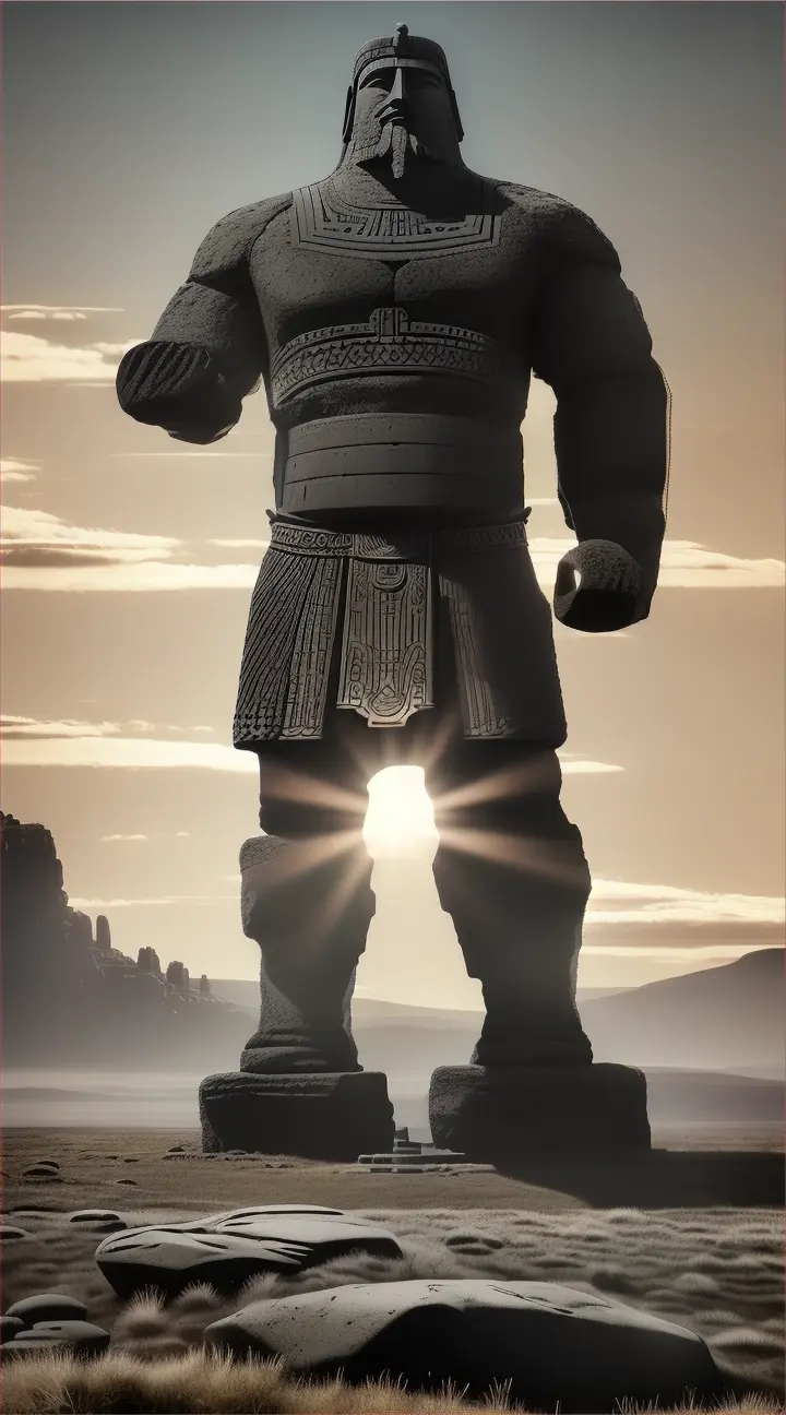 Ullikummi
Visualize Ullikummi, the immense stone giant from Hittite mythology, as he towers over a mythic landscape, blocking the sun. The giant is made entirely of black volcanic rock, with sharp, jagged textures and a powerful, imposing stature that reaches up to the heavens. Below him, various gods from the Hittite pantheon look up in horror and awe. The sky behind Ullikummi is darkened by his massive form, with rays of light trying to edge around him, creating a halo effect. The setting includes ancient Hittite symbols and stone structures, possibly ruins, that emphasize the mythological time period and the catastrophic impact of Ullikummi's appearance.