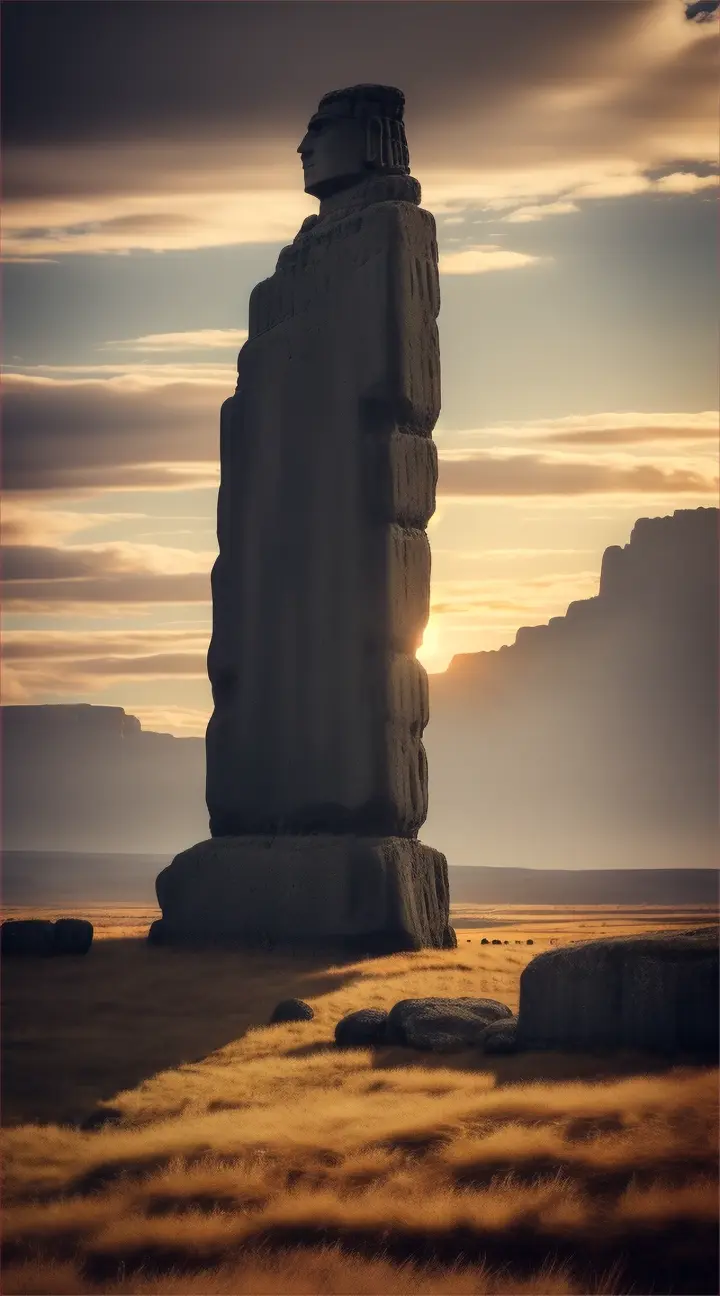 Ullikummi
Visualize Ullikummi, the immense stone giant from Hittite mythology, as he towers over a mythic landscape, blocking the sun. The giant is made entirely of black volcanic rock, with sharp, jagged textures and a powerful, imposing stature that reaches up to the heavens. Below him, various gods from the Hittite pantheon look up in horror and awe. The sky behind Ullikummi is darkened by his massive form, with rays of light trying to edge around him, creating a halo effect. The setting includes ancient Hittite symbols and stone structures, possibly ruins, that emphasize the mythological time period and the catastrophic impact of Ullikummi's appearance.