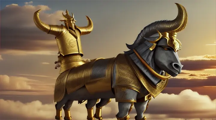 Teshub
Depict Teshub, the Hittite storm god, as he rides his mighty chariot across the sky. His chariot is drawn by two majestic bulls with golden horns, charging through a cloud-filled sky. Teshub himself is armored in traditional Hittite warrior gear, including a conical helmet with intricate engravings. He wields a double-headed axe, symbolizing thunder, with lightning bolts emanating from it, casting a bright, fearsome glow. The background features a turbulent sky with rolling thunderclouds and occasional clear patches revealing the celestial sphere.