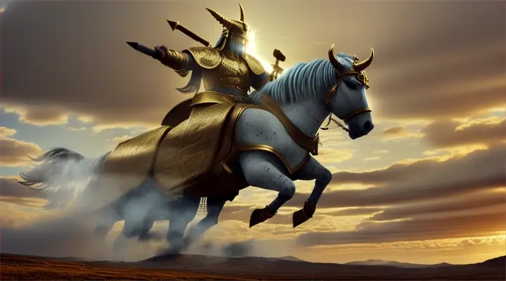 Teshub
Depict Teshub, the Hittite storm god, as he rides his mighty chariot across the sky. His chariot is drawn by two majestic bulls with golden horns, charging through a cloud-filled sky. Teshub himself is armored in traditional Hittite warrior gear, including a conical helmet with intricate engravings. He wields a double-headed axe, symbolizing thunder, with lightning bolts emanating from it, casting a bright, fearsome glow. The background features a turbulent sky with rolling thunderclouds and occasional clear patches revealing the celestial sphere.